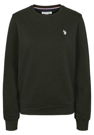 Czarny zielony sweter z okrągłym dekoltem, długimi rękawami, prążkowanymi mankietami i małym białym logo na piersi. Miękka bawełniana tkanina.