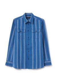 Blauwe overhemd met lange mouwen, verticale strepen in verschillende tinten, twee borstzakken, knoopsluiting en een puntkraag.