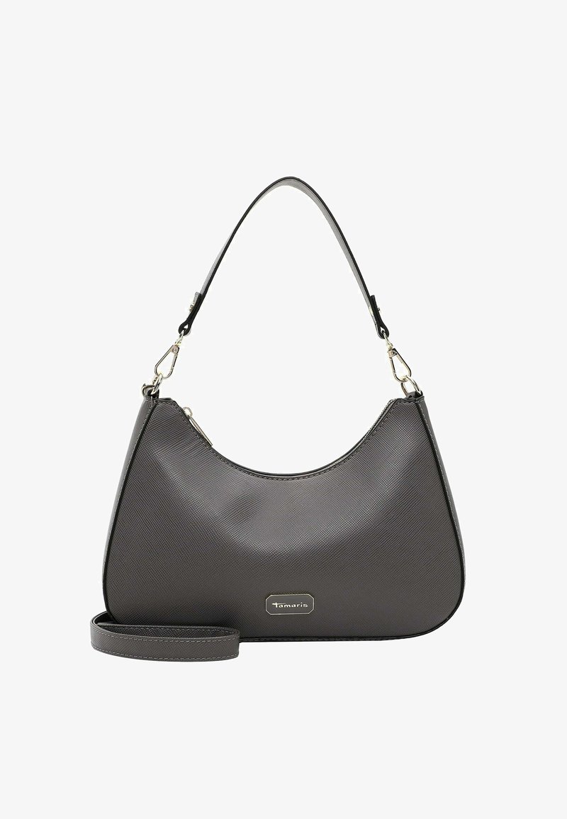 Grijze handtas met een gebogen ontwerp, gemaakt van textuurmateriaal, met een korte handgreep en zilveren hardware. Logo detail aan de voorkant.