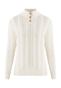 Pull en maille blanche avec un col montant et trois boutons en bois au niveau du cou. Le design comprend des motifs texturés et des poignets côtelés.