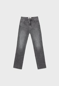 Grå denimjeans med rak passform, fem fickor och midja. Har en blekt finish och synliga sömnadsdetaljer.
