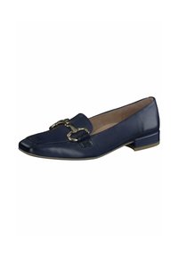 Mocassini in pelle blu navy con tacco piatto, punta arrotondata e dettagli in metallo argentato sulla parte anteriore. Texture liscia e design minimalista.