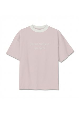 Light pink short-sleeve t-shirt with white collar and white cursive text centered reading, "You can't take your eyes off me."
