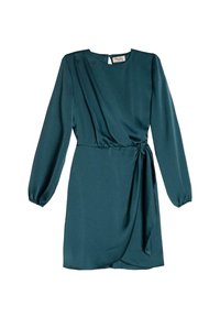 Abito avvolgente in satin teal con maniche lunghe, cintura in vita e scollatura rotonda. Presenta dettagli in tessuto drappeggiato e una lunghezza corta.