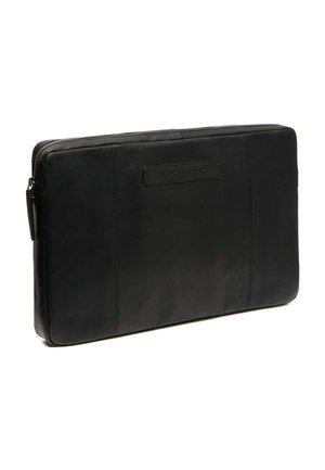 Black leather laptop sleeve with a smooth texture, rectangular shape, top zipper closure, and a stitched accent on the front side.