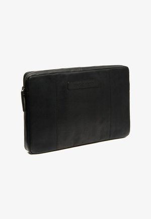 Schwarze Laptop-Hülle aus Leder mit glatter Textur, rechteckiger Form, oberem Reißverschluss und einer genähten Akzentuierung auf der Vorderseite.