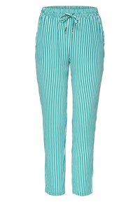 Turquoise gestreepte broeken met een elastische tailleband en een verstelbaar trekkoord. Gemaakt van een lichtgewicht materiaal; heeft verticale strepen.