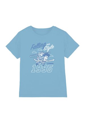 Light blue T-shirt with cartoon characters skydiving and text "Falling with Style since 1995" surrounded by small clouds.