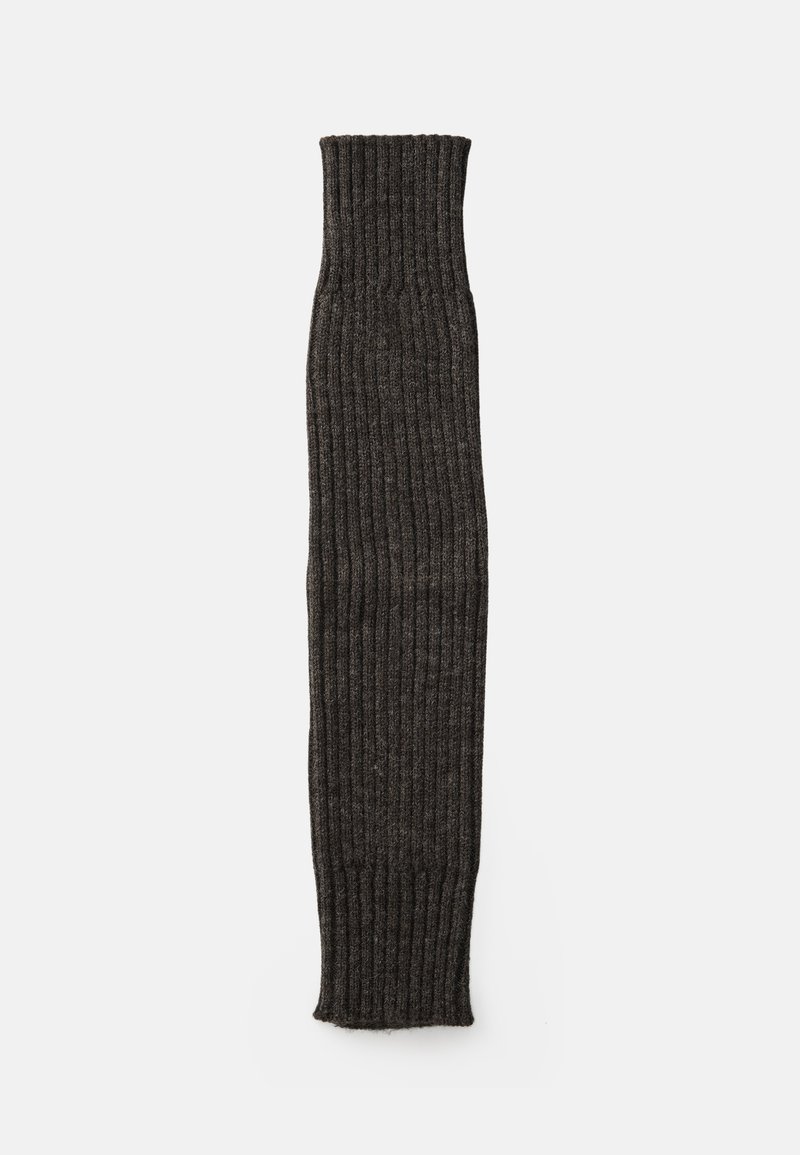 Gerippte, dunkelgraue Beinstulpen aus einem strukturierten Strickstoff, lang und zylindrisch, mit einem breiten elastischen oberen Rand.