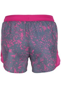 Grijze shorts met een roze spetterpatroon, elastische tailleband en mesh zijkanten voor ademend vermogen.