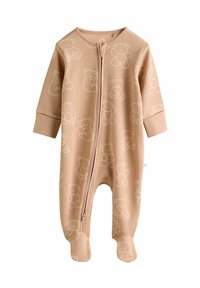 Beige ribbed onesie featuring a teddy bear pattern. Long sleeves and footed design with a front zipper and loop closure at the neck.