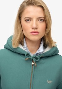 Sudadera con cremallera en color teal y cordón ajustable, con herrajes en tono dorado y un forro suave. Lleva puesta sobre una camisa de cuello a rayas azul y blanca.
