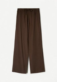 Szerokie spodnie w jednolitym ciemno-brązowym kolorze, wykonane z miękkiego materiału, z elastycznym paskiem w talii i sznurkiem do regulacji.