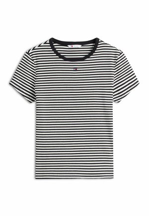 Zwart-wit horizontaal gestreept T-shirt met korte mouwen, zwarte kraag en klein centraal logo op de borst.