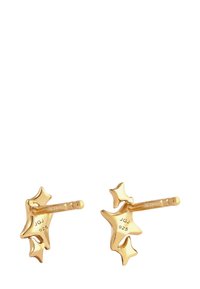 Ohrringe in Form von goldfarbenen Sternen mit polierter Oberfläche, die drei Sternelemente und einen sicheren Steckverschluss aufweisen. Mit 'JGJ 925' gekennzeichnet.