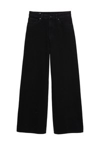 Jean noir taille haute à jambes larges avec poches avant, passants de ceinture et fermeture à bouton à la taille.