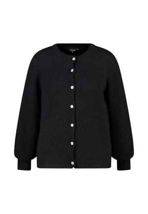 Zwarte gebreide vest met een ronde hals, lange pofmouwen en een knoopsluiting aan de voorkant met vijf witte knopen. Zachte textuur.