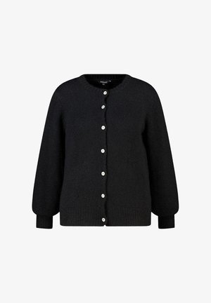 Zwarte gebreide vest met een ronde hals, lange pofmouwen en een knoopsluiting aan de voorkant met vijf witte knopen. Zachte textuur.