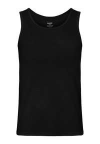 Sort bomulds tanktop med rund halsudskæring, uden ærmer og lige kant samt en glat tekstur. Størrelsesmærket er synligt indeni.