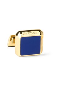 Goldene Manschettenknöpfe mit einem quadratischen blauen Emaille-Zentrum, das auf der Seite ein erhaben angebrachtes "DAVIDOFF"-Logo aufweist, glatte Oberfläche und kantiges Design.