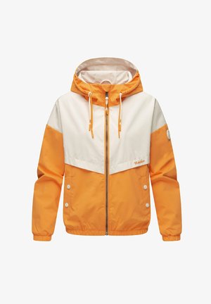 Jachetă de vânt portocalie și albă cu închidere prin fermoar, glugă ajustabilă, manșete elastice și logo pe față, având un design într-o combinație de culori.