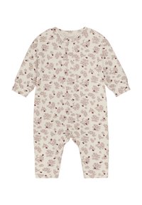 Rompers pour bébé à manches longues en tissu beige doux avec un motif floral dans des tons de rouge foncé et de bordeaux. Dispose de boutons-presssion au niveau du cou et du bas.