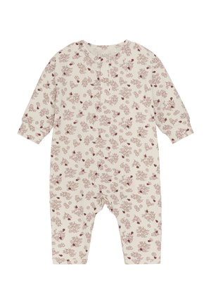 Langarm-Babystrampler aus weichem beigen Stoff mit einem Blumenmuster in dunkelroten und burgunderfarbenen Tönen. Mit Druckknöpfen am Hals und am Boden.