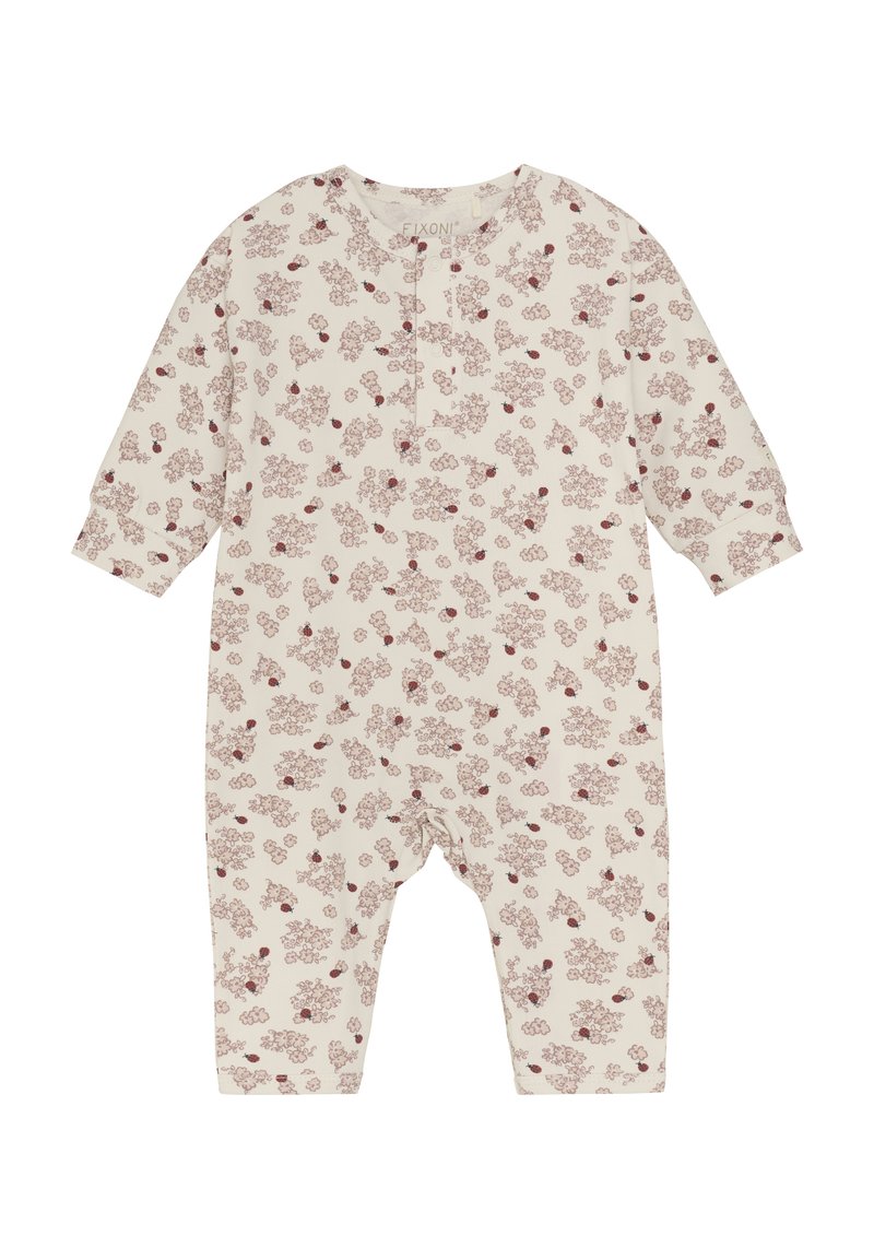 Rompers pour bébé à manches longues en tissu beige doux avec un motif floral dans des tons de rouge foncé et de bordeaux. Dispose de boutons-presssion au niveau du cou et du bas.