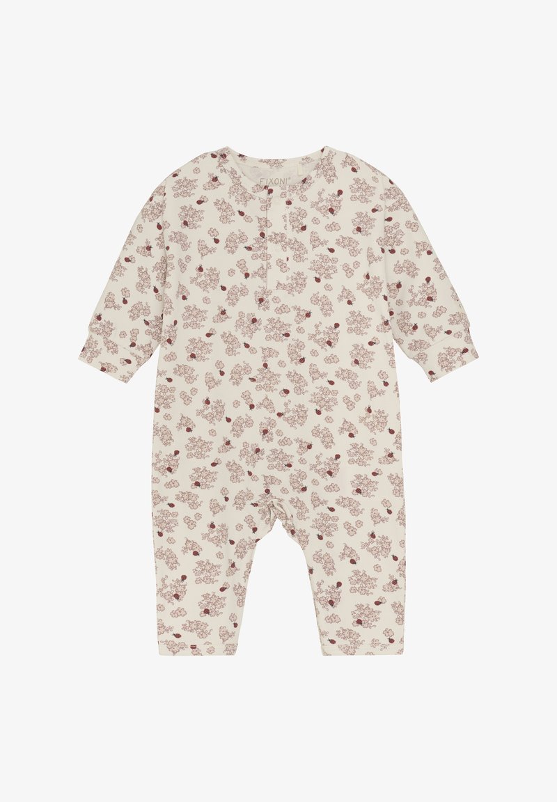 Rompers pour bébé à manches longues en tissu beige doux avec un motif floral dans des tons de rouge foncé et de bordeaux. Dispose de boutons-presssion au niveau du cou et du bas.