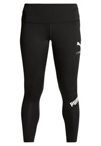 Leggings atletici neri realizzati in un tessuto liscio e elasticizzato. Presentano un logo bianco sul lato e cuciture a contrasto lungo le cuciture.