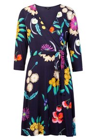 Květinové zavinovací šaty s námořnickým pozadím, které mají živé vzory žluté, růžové a zelené barvy. Vyrobeny z jemné, texturované látky s opaskem na zavázání.