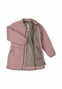Chaqueta acolchada rosa con un forro marrón claro, cierre frontal, bolsillos laterales y puños elásticos, que presenta un patrón hexagonal en el exterior.
