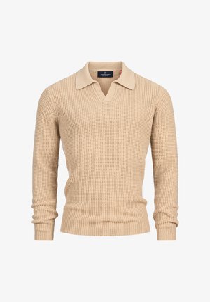 Beżowy sweter dresowy z dekoltem w kształcie litery V i krótkim kołnierzykiem. Teksturowany materiał z dopasowanymi rękawami. Casualowy design odpowiedni do noszenia w warstwach.