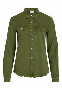 Zielona koszula na zatrzaski wykonana z miękkiego materiału, z długimi rękawami, dwoma kieszeniami na piersi i zatrzaskami jako zapięciem. Gładka tekstura, dopasowany krój.