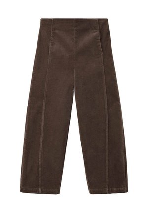 Pantalon en velours côtelé marron taille haute, jambes larges et détails de couture avant, posé à plat sur un fond blanc.