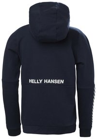 Sudadera marina con capucha ajustable, puños y cintura acanalados. Presenta 'HELLE HANSEN' en blanco en la parte de atrás y rayas de acento blancas en las mangas.