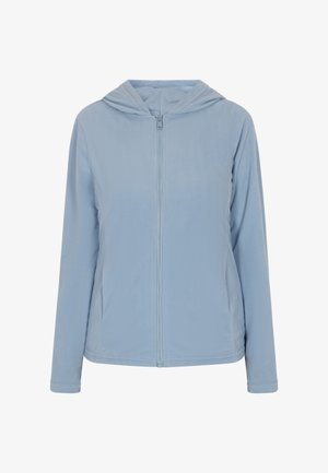Helle blaue Fleecejacke mit Reißverschluss vorne, langen Ärmeln und Kapuze; weiche Textur und minimales Design; Taschen auf beiden Seiten.