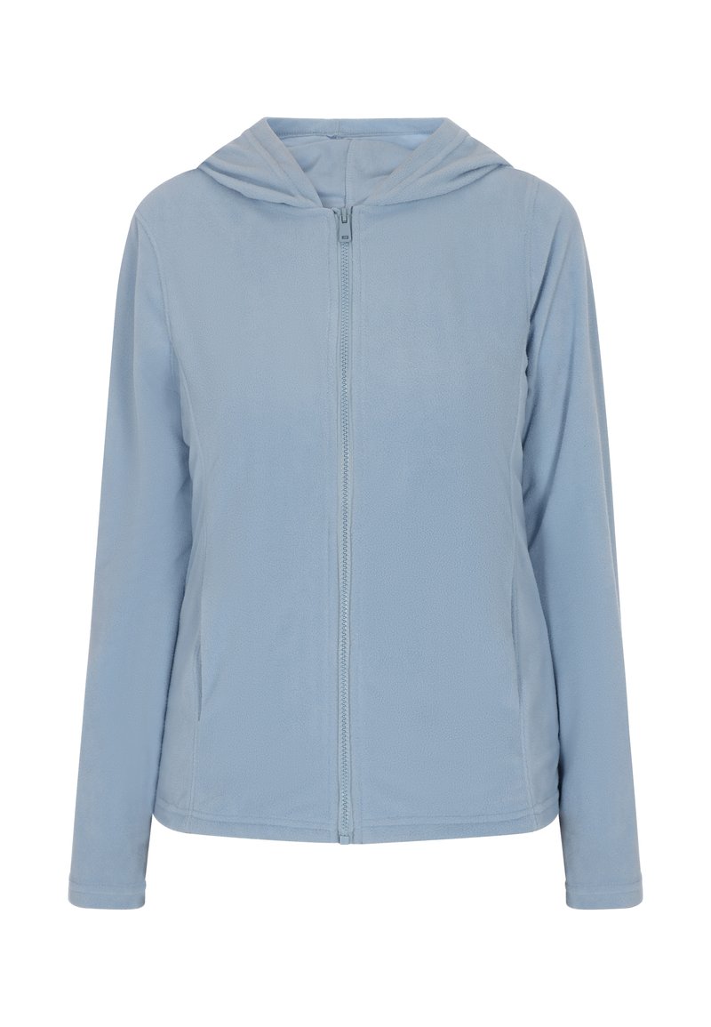 Giacca in pile blu chiaro con zip frontale, maniche lunghe e cappuccio; texture morbida e design minimalista; tasche su entrambi i lati.