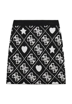 Gonna mini in maglia con un motivo a rombi in bianco e nero, decorata con cuori e stelle, e con una vita a costine nella parte superiore.