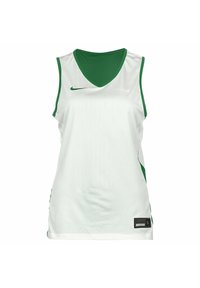 Weißes athletisches Tanktop mit grünen Akzenten und V-Ausschnitt. Hergestellt aus atmungsaktivem Mesh-Stoff, mit Seitenstreifen und einem Etikett am Saum.