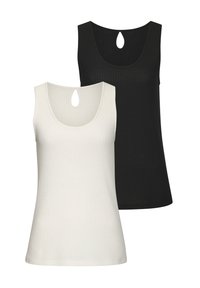 Zwei gerippte Tanktops in Weiß und Schwarz, mit einem Rundhalsausschnitt und einem Schlüssellochdetail im Rücken. Weicher Stoff, enganliegende Passform.