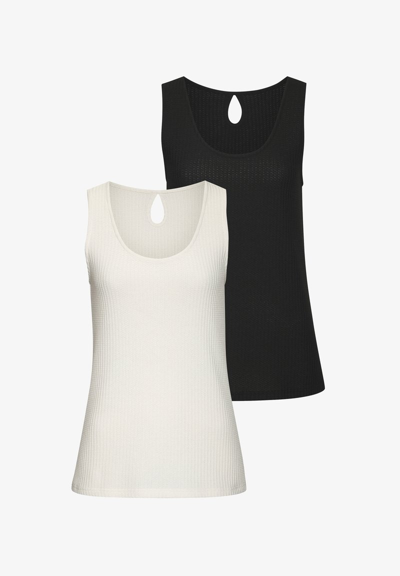 Zwei gerippte Tanktops in Weiß und Schwarz, mit einem Rundhalsausschnitt und einem Schlüssellochdetail im Rücken. Weicher Stoff, enganliegende Passform.