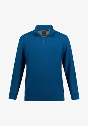 Maglione blu con colletto alto e mezza zip, realizzato in tessuto a maglia liscia. Presenta polsini e orlo a coste, e un logo sul lato inferiore.