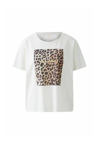 T-shirt en coton blanc avec un design à manches courtes, mettant en avant un carré imprimé léopard et le texte "TOUTES LES PENSÉES" en doré.