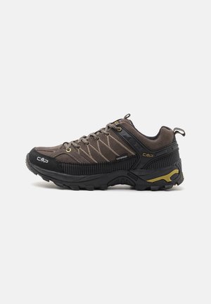 Wasserdichte Wanderschuhe mit einem Obermaterial aus braunem Wildleder, schwarzen Mesh-Akzenten, grauen Schnürsenkeln und einer strukturierten Gummisohle. Verfügt über eine verstärkte Zehenkappe.