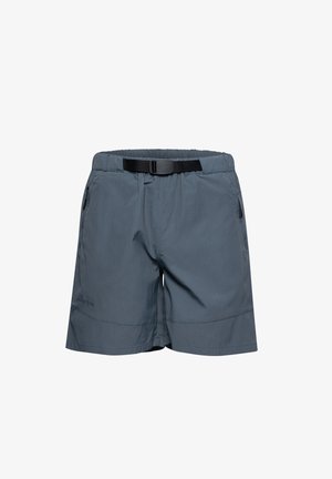 Donkergrijze wandelshorts met een verstelbare zwarte riem, zijstrijkzakken met rits en een losse pasvorm, ontworpen voor buitenactiviteiten.