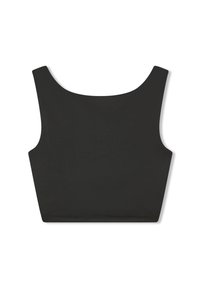 Top corto nero con scollatura ampia, spalline spesse e tessuto liscio e elasticizzato; presenta cuciture pulite e senza decorazioni.