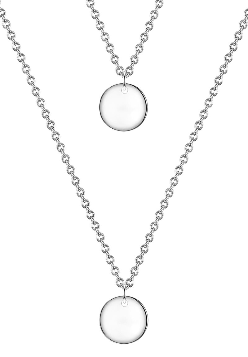 Sølv halskæde med to kæder og polerede, runde vedhæng. Det øverste vedhæng er mindre, hvilket skaber en lagdelt effekt.