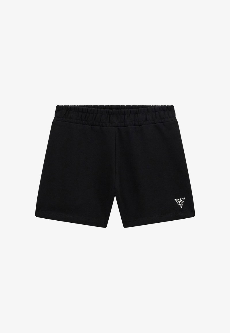 Shorts noirs en tissu doux avec une taille élastique. Présentent un accent de logo triangulaire brillant sur la partie inférieure de la jambe droite.