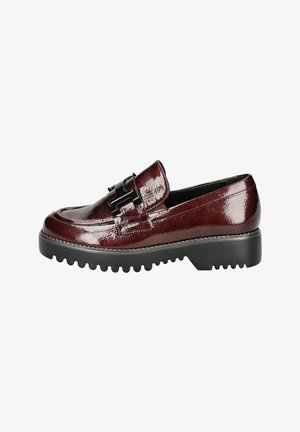 Burgundy patent leather loafer with flat, textured black sole and decorative black buckle detailing on the upper.